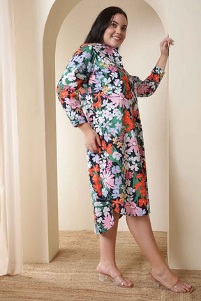 Plus Size Multicolor Floral Print Cotton Midi Shirt Dress