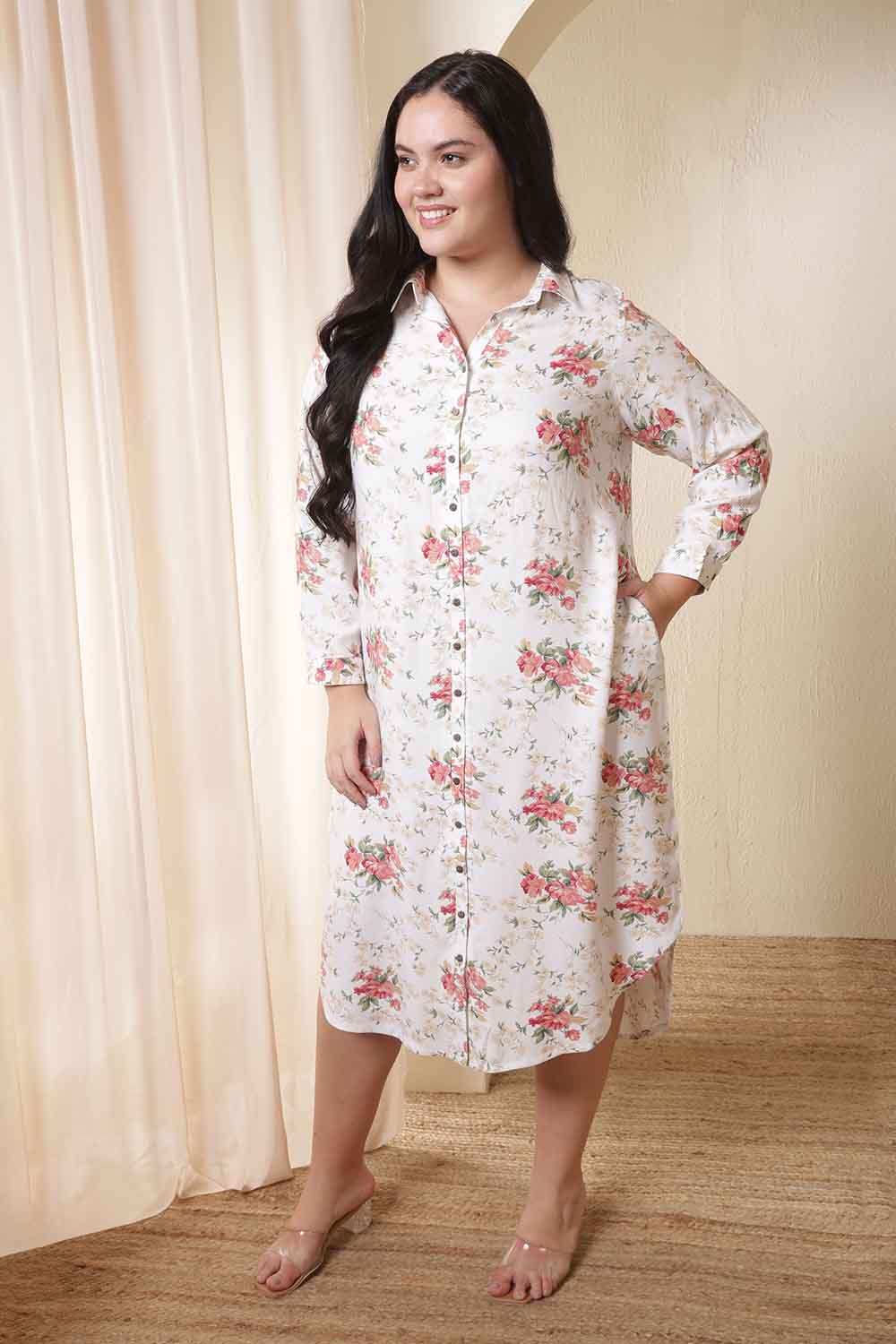 Plus Size Plus Size White Floral Print Midi Shirt Dress