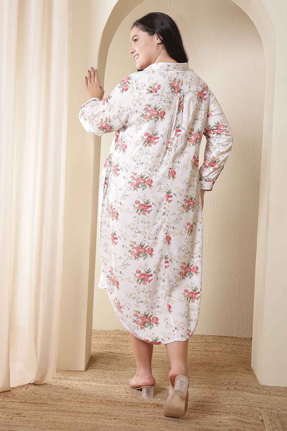 Plus Size White Floral Print Midi Shirt Dress