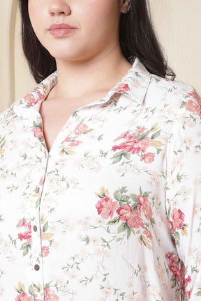 Plus Size White Floral Print Midi Shirt Dress