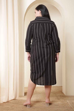 Plus Size Black Vertical Stripe Midi Shirt Dress