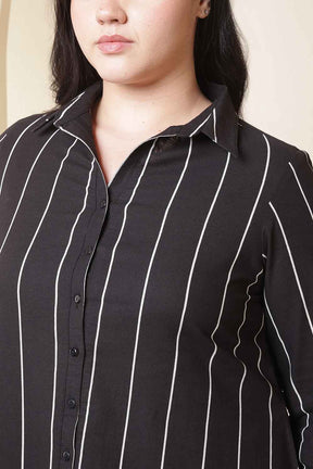Plus Size Black Vertical Stripe Midi Shirt Dress