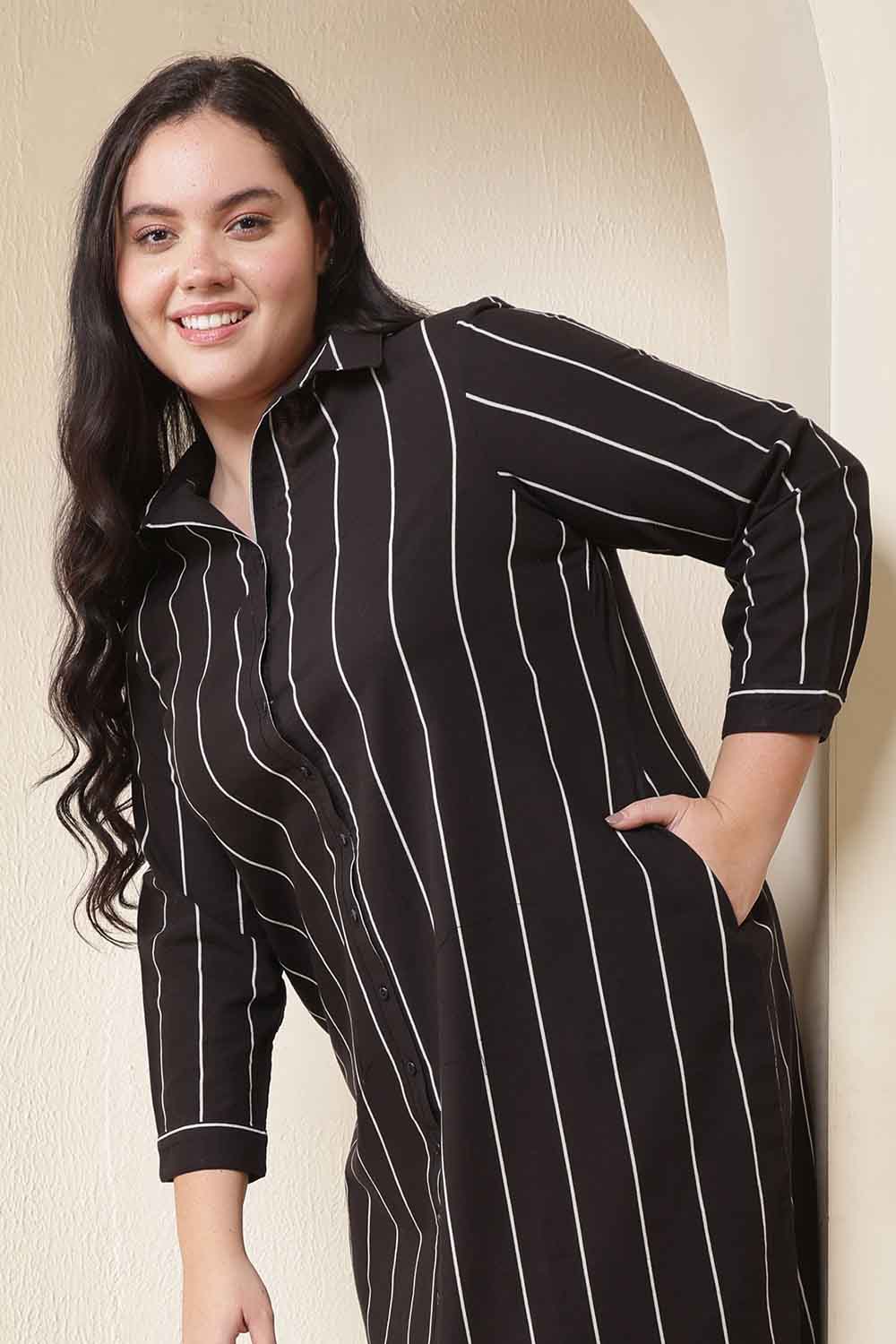 Plus Size Black Vertical Stripe Midi Shirt Dress