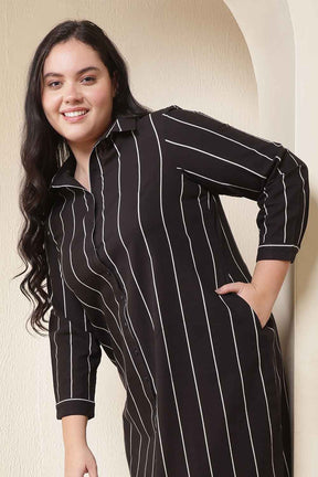 Plus Size Black Vertical Stripe Midi Shirt Dress