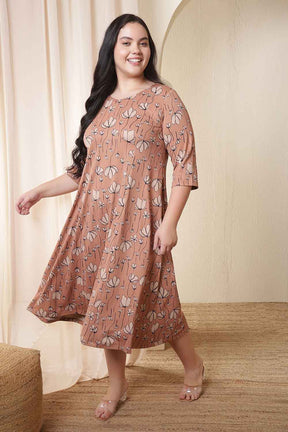 Plus Size Dusty Pink Floral Print A-Line Dress