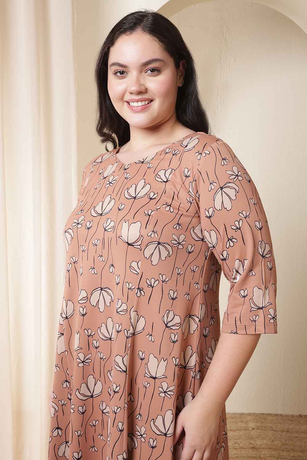 Comfortable Plus Size Dusty Pink Floral Print A-Line Dress