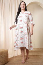 Plus Size White Floral Print Midi Dress