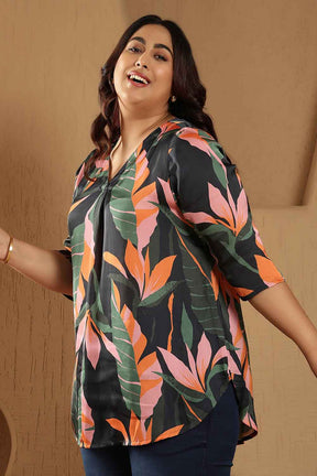Plus Size Black Tropical Leaf Print V-Neck Satin Top