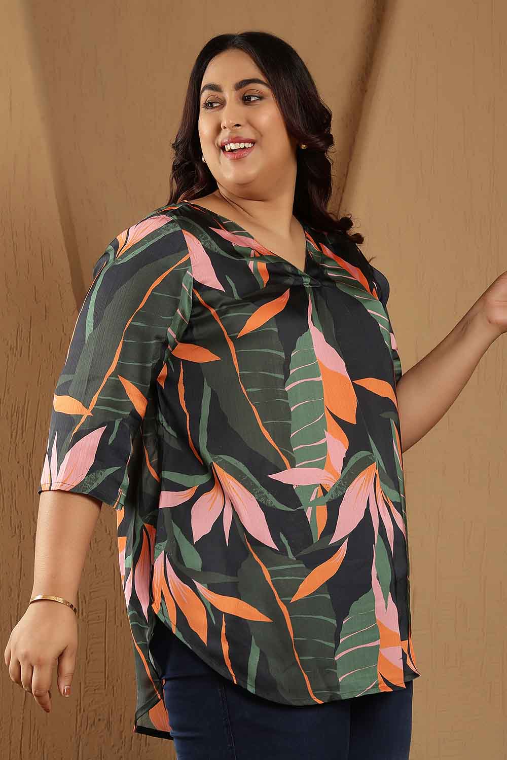Plus Size Black Tropical Leaf Print V-Neck Satin Top for Women