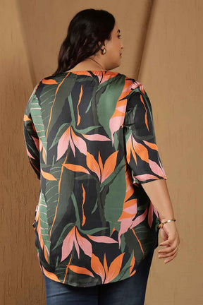 Plus Size Black Tropical Leaf Print V-Neck Satin Top