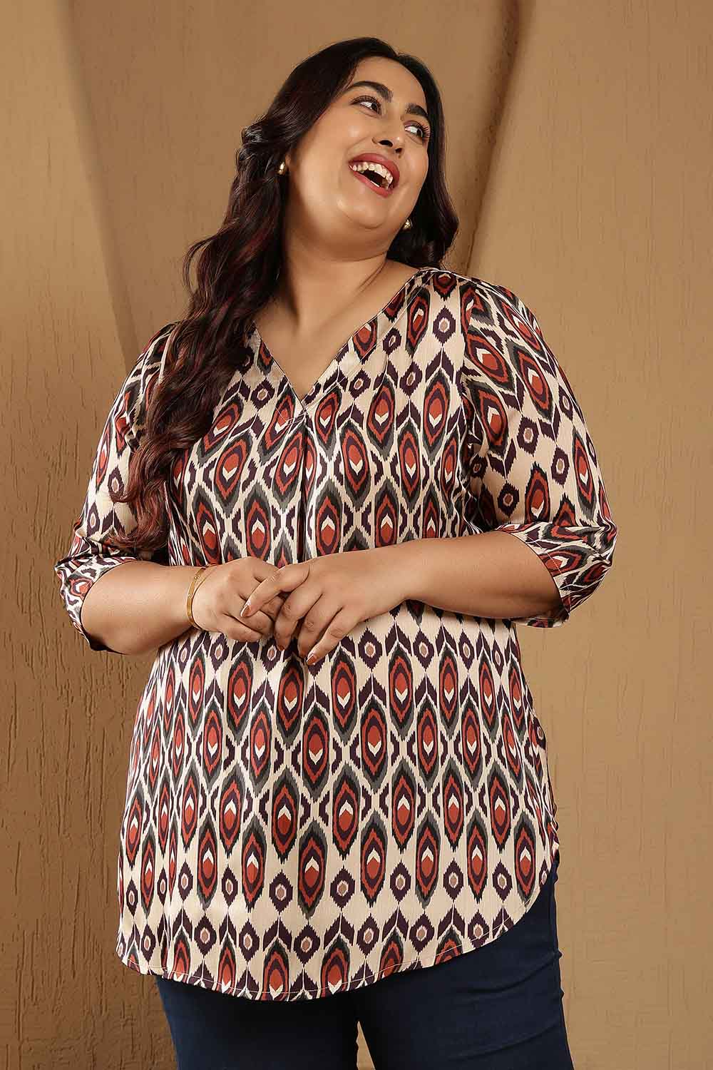 Plus Size Beige Ikat Print V-Neck Satin Top for Women
