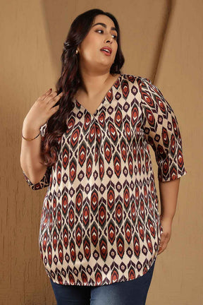 Plus Size Beige Ikat Print V-Neck Satin Top