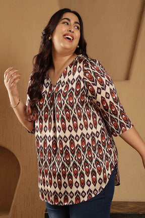 Plus Size Beige Ikat Print V-Neck Satin Top