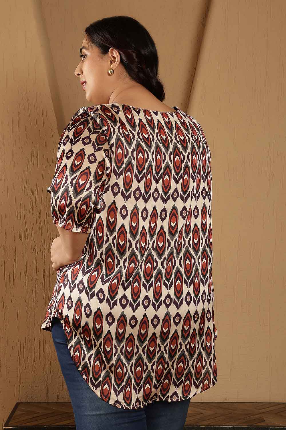 Plus Size Beige Ikat Print V-Neck Satin Top