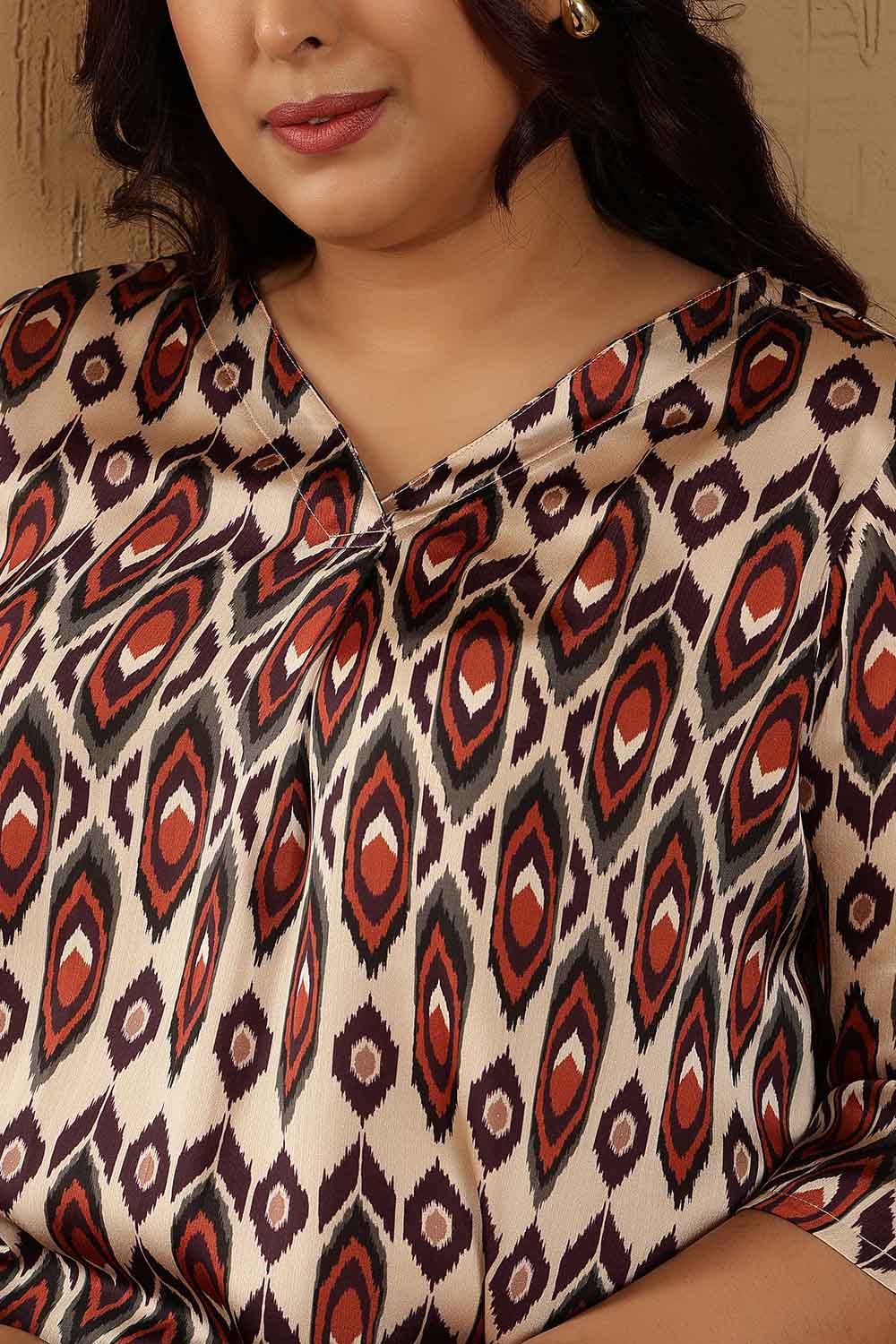 Comfortable Plus Size Beige Ikat Print V-Neck Satin Top