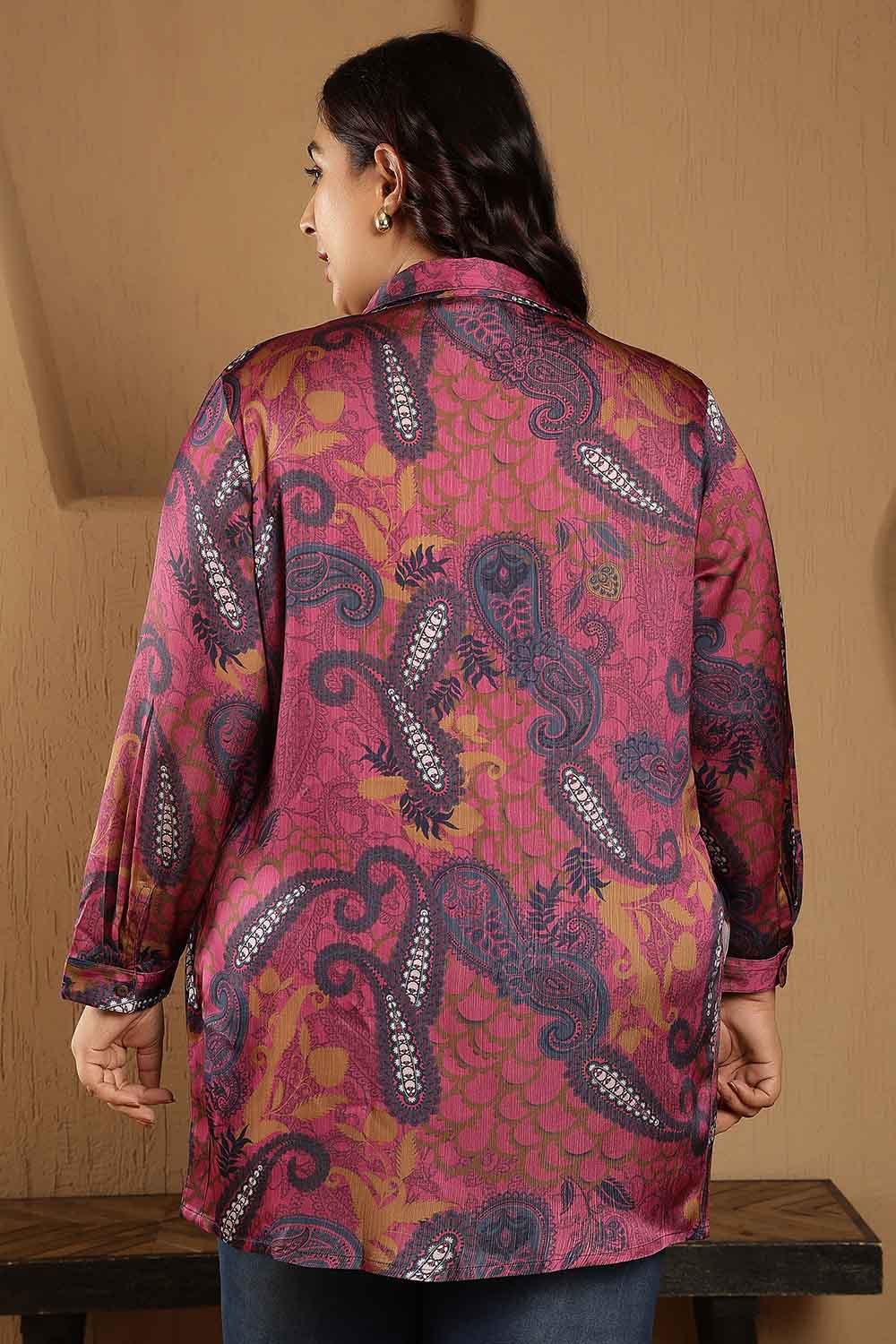 Plus Size Magenta Paisley Print High Slit Longline Satin Shirt