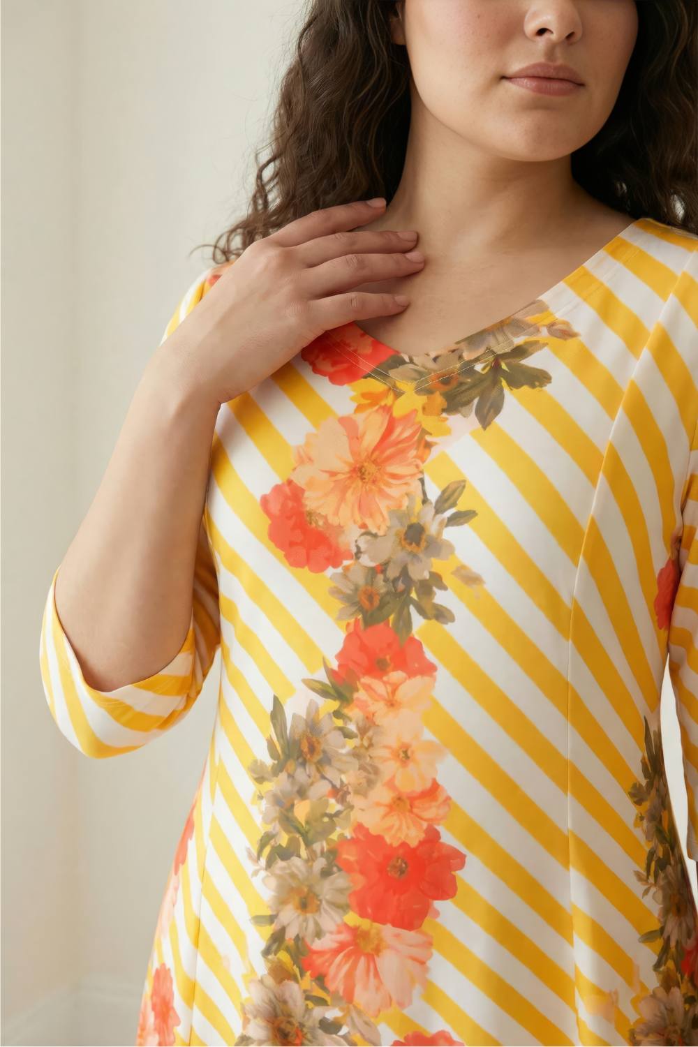 Plus Size Yellow Floral Stripe A line Dress | Amydus Plus Size Yellow Floral Stripe A line Dress | Amydus