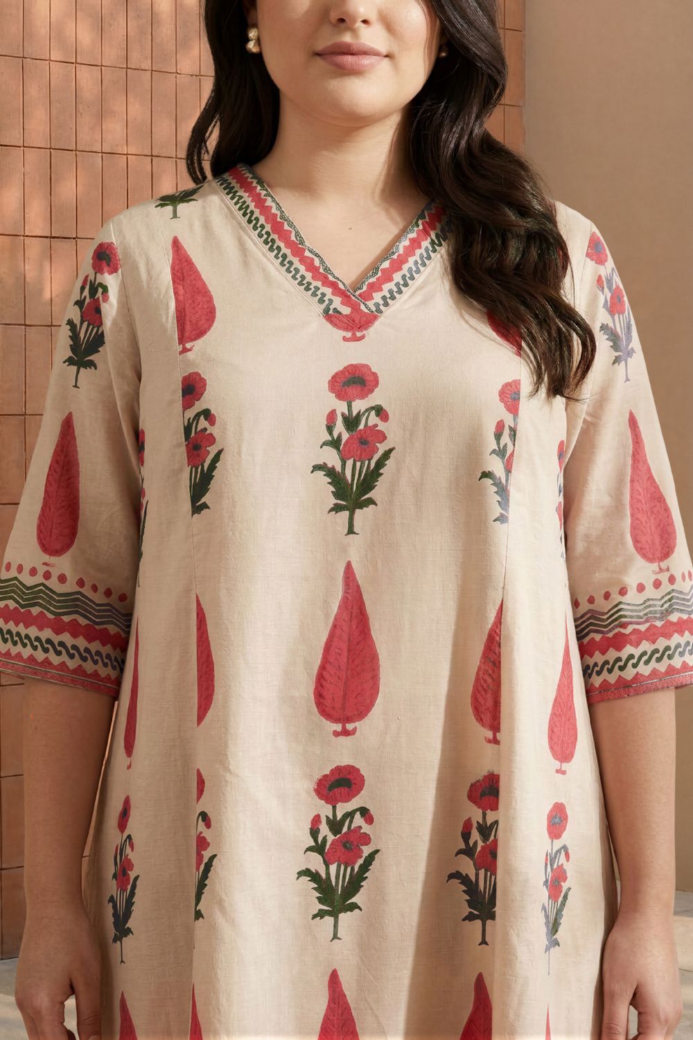 Comfortable Plus Size Beige Floral Buta Print Cotton Midi Dress