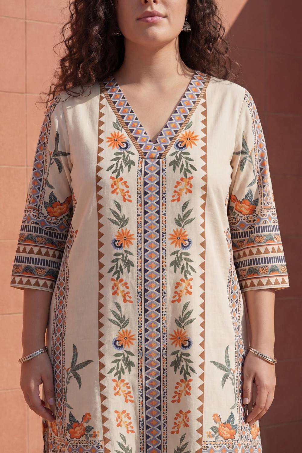 Plus Size Boho Floral Print Cotton V-Neck Kurta for Women
