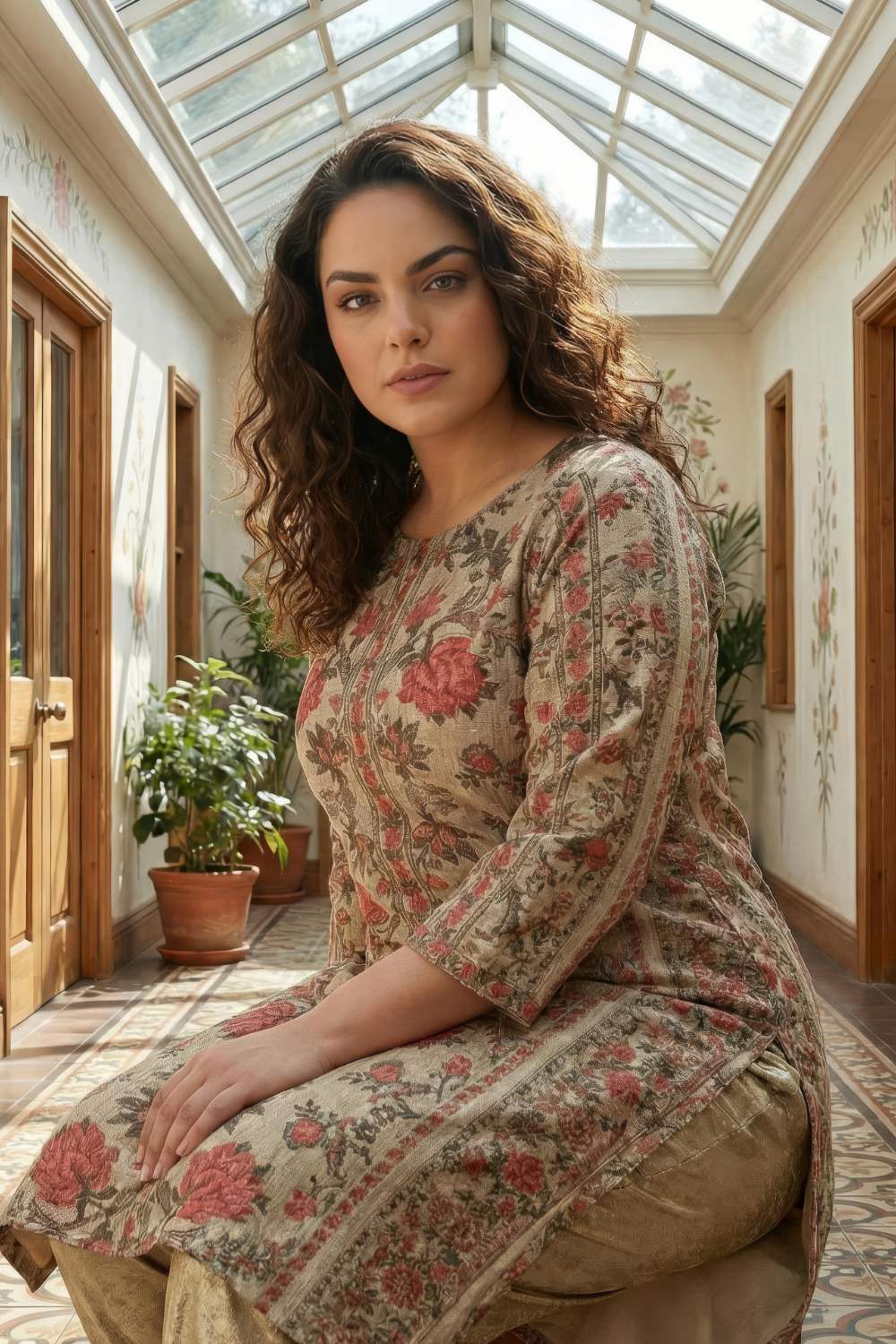 Ethnic Floral Round Neck Velvet Kurta