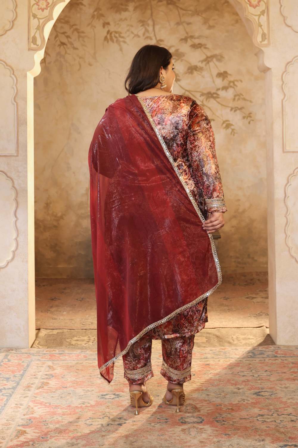 Comfortable Plus Size Maroon Paisley Print Velvet Suit Set