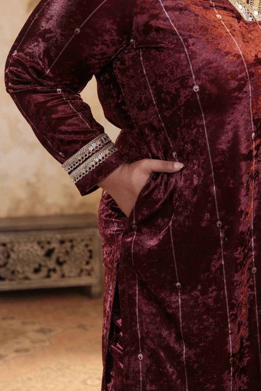 Plus Size Purple Print Velvet V Neck Suit Set