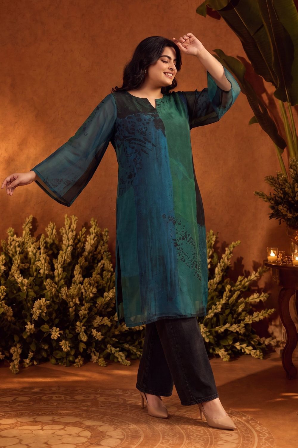 Plus Size Teal Artistry Straight Georgette Kurta