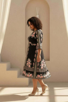 Plus Size Black Floral Printed A Line Dress