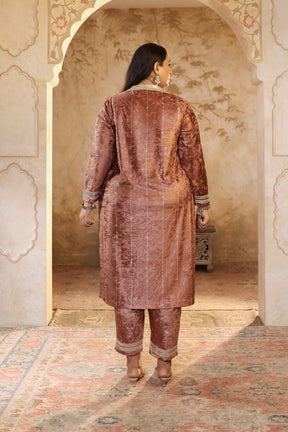 Plus Size Mocha Brown Velvet V Neck Suit Set