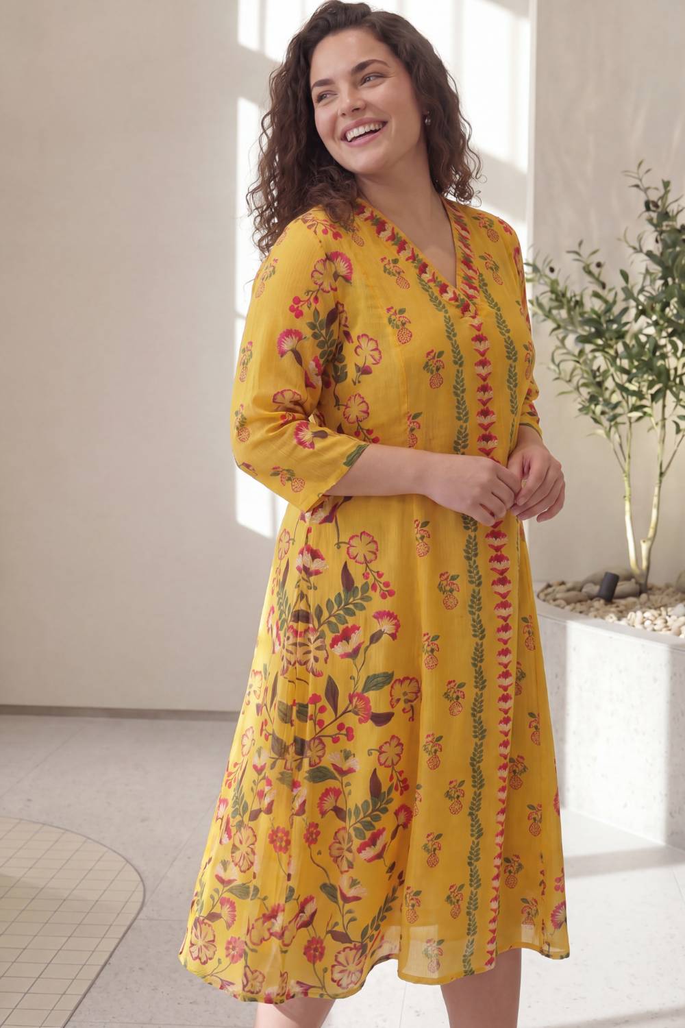 Floral Folk Plus Size Midi Dress for Women