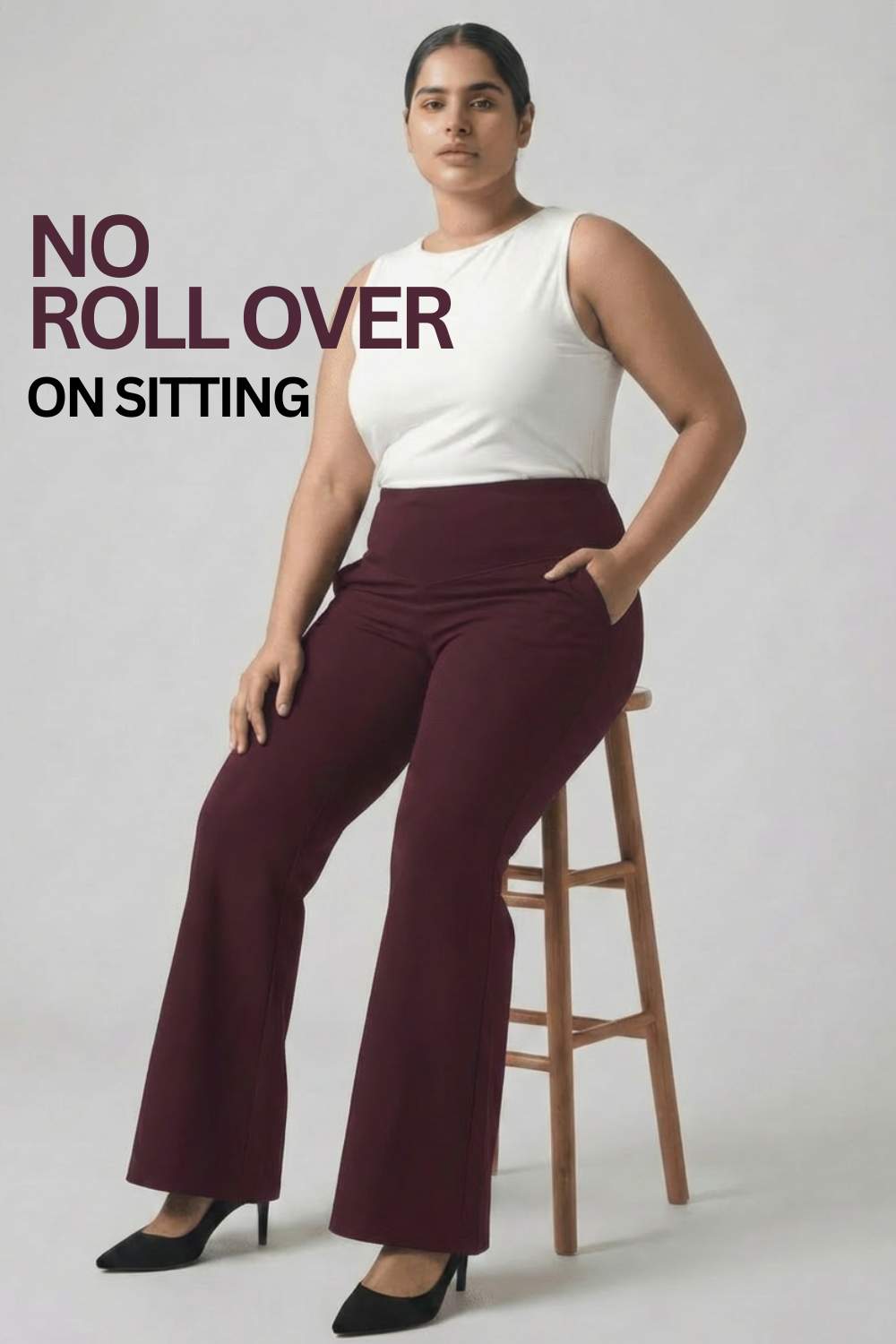 Comfortable Plus Size Wine Red Tummy Shaper Flare Pants