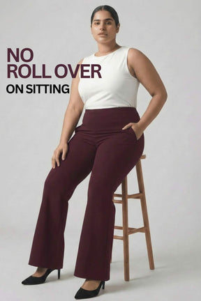 Plus Size Wine Red Tummy Shaper Flare Pants