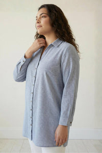 Plus Size Blue Chambray Pinstripe High Slit Longline Shirt
