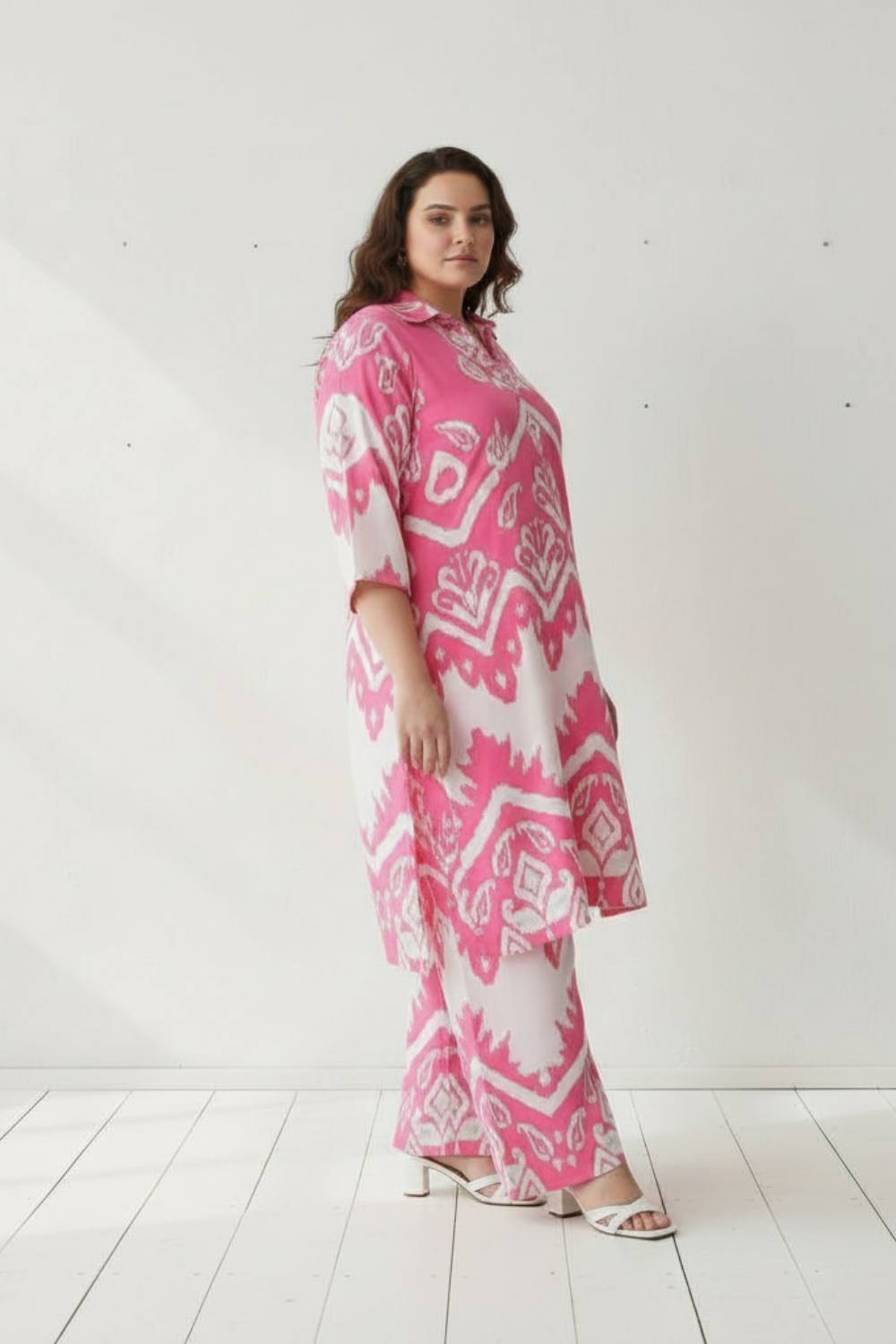 Plus Size Pink White Printed Co-ord Set