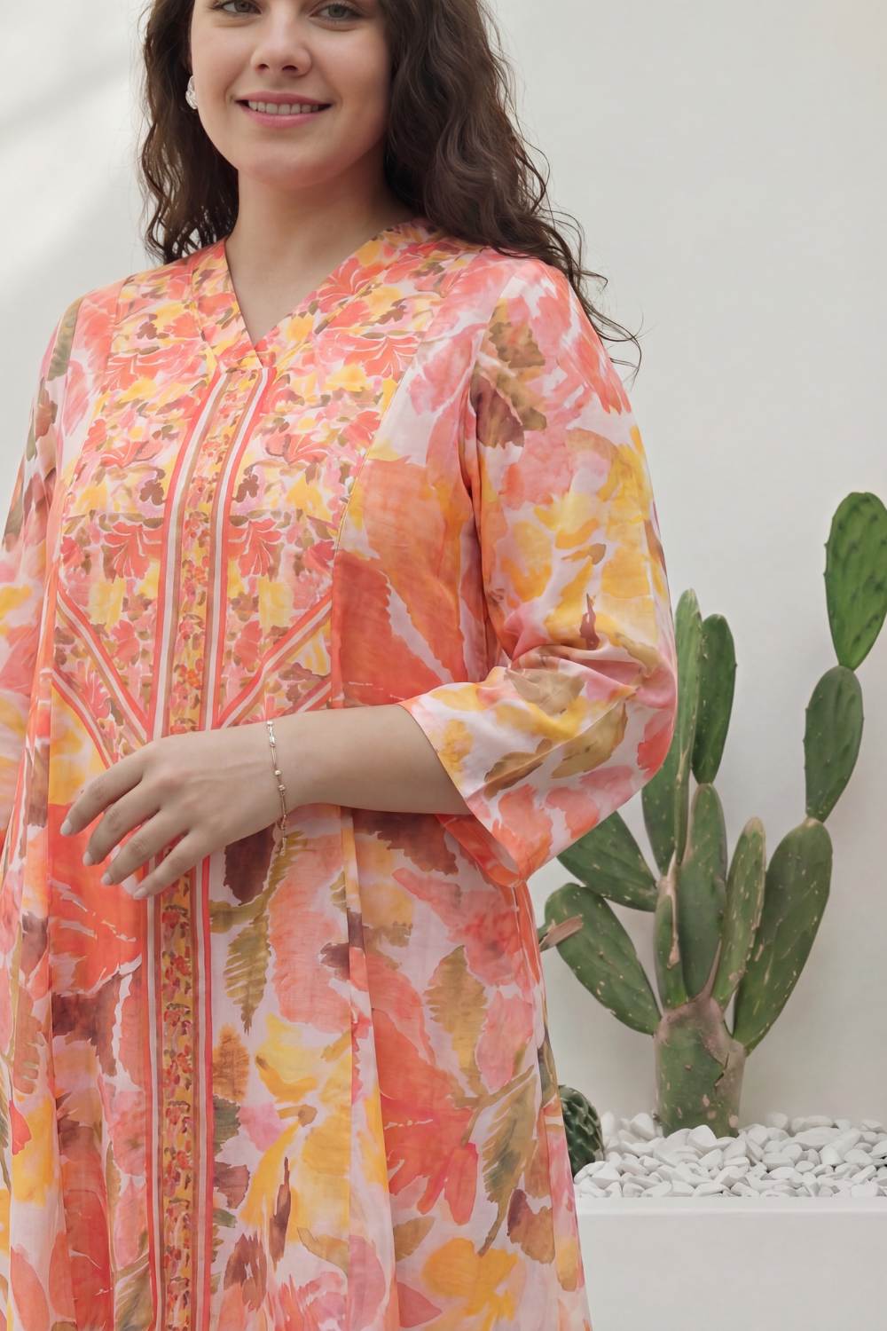 Plus Size Plus Size Peach Coral Floral Print Cotton Midi Dress