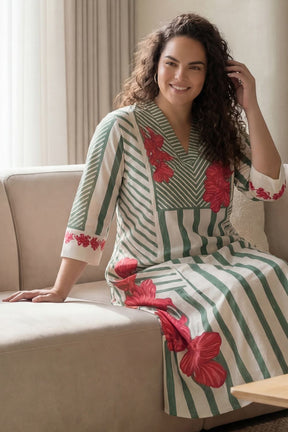 Plus Size Green Stripe Floral Print Cotton Midi Dress