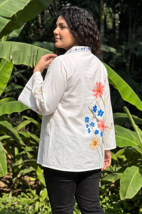 Plus Size White Floral Printed Cotton Top