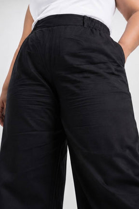 Plus Size Wide Leg Black Cotton Satin Pants