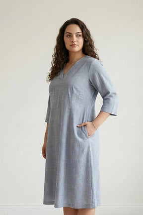 Plus Size Blue Chambray Pinstripe Midi Dress