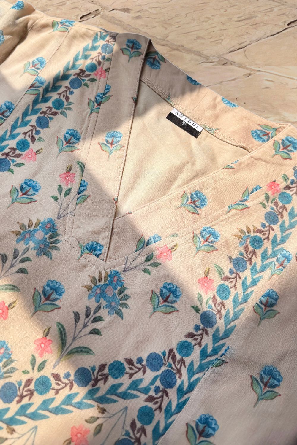 Plus Size Beige Blue Floral Buta Print Cotton Midi Dress