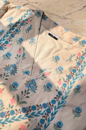 Plus Size Beige Blue Floral Buta Print Cotton Midi Dress