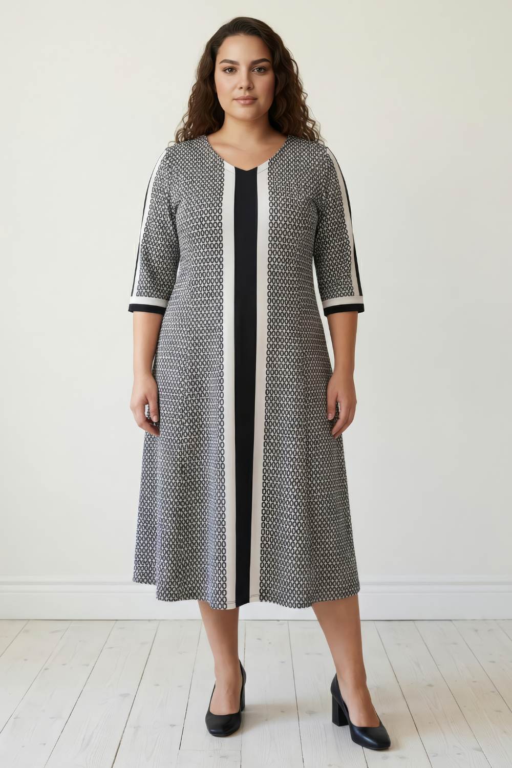 Plus Size Black Geometric Print A line Dress