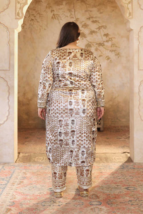 Plus Size Ivory Handblock Printed Velvet Suit Set