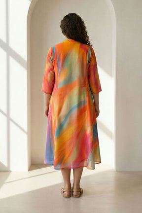 Plus Size Multicolor Abstract Print Cotton Midi Dress