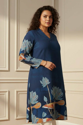 Plus Size Blue Floral SnugWeave™ Winter Kurta