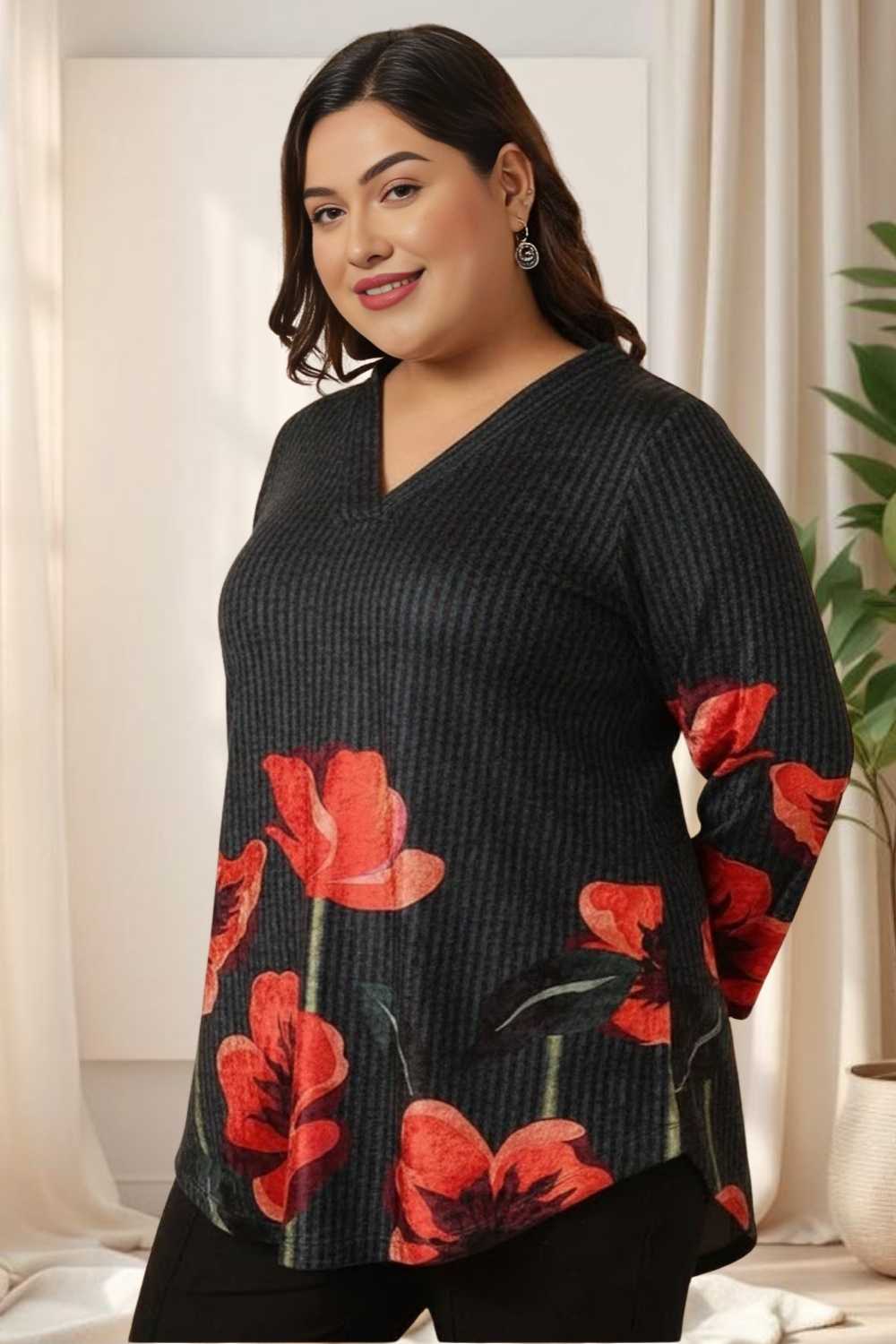 Plus Size Black Floral Borders SnugWeave™ Winter Top