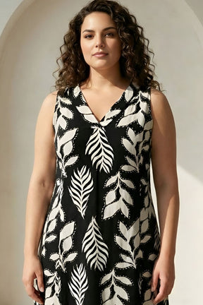 Plus Size Black & White Leaf Print Sleeveless Rayon Midi Dress