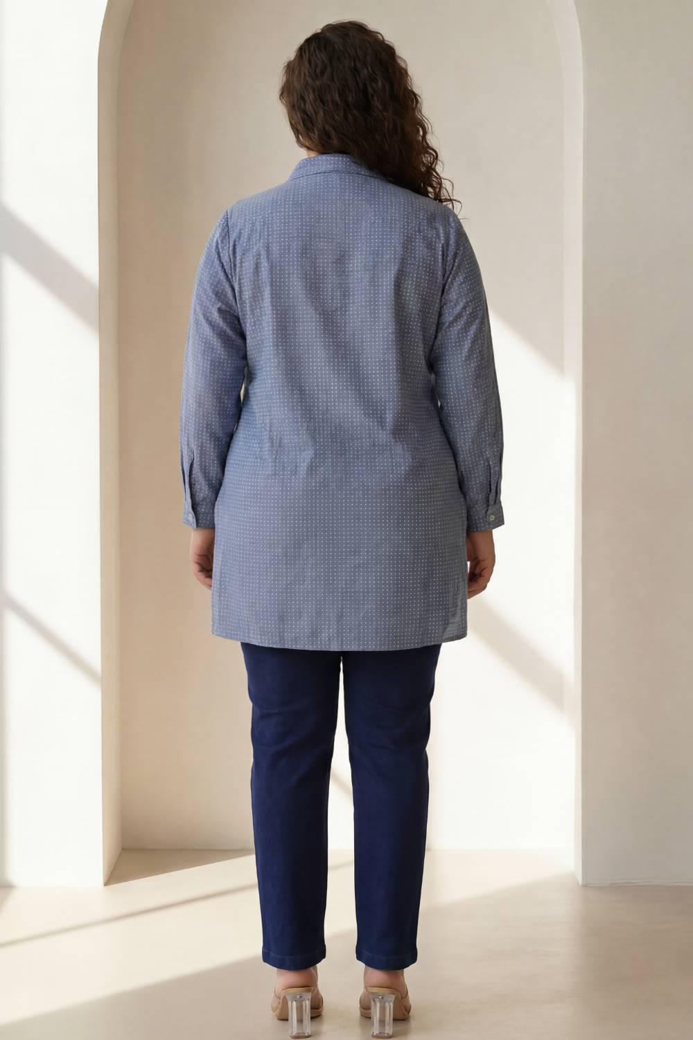Plus Size Mid Blue Cross Weave Denim Cotton Shirt
