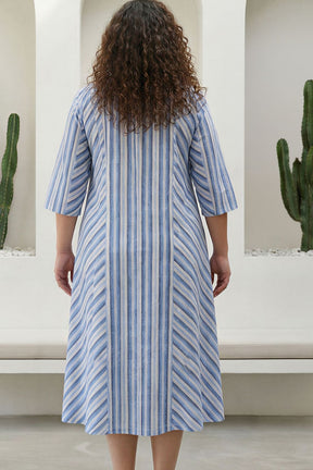 Plus Size Blue Stripe Print Cotton Midi Dress