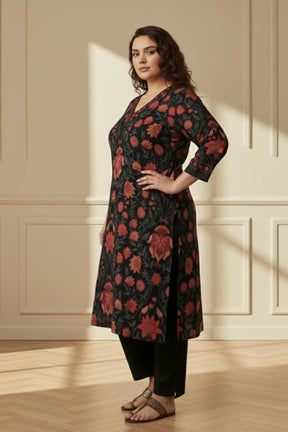 Plus Size Black Red Floral SnugWeave™ Winter Kurta